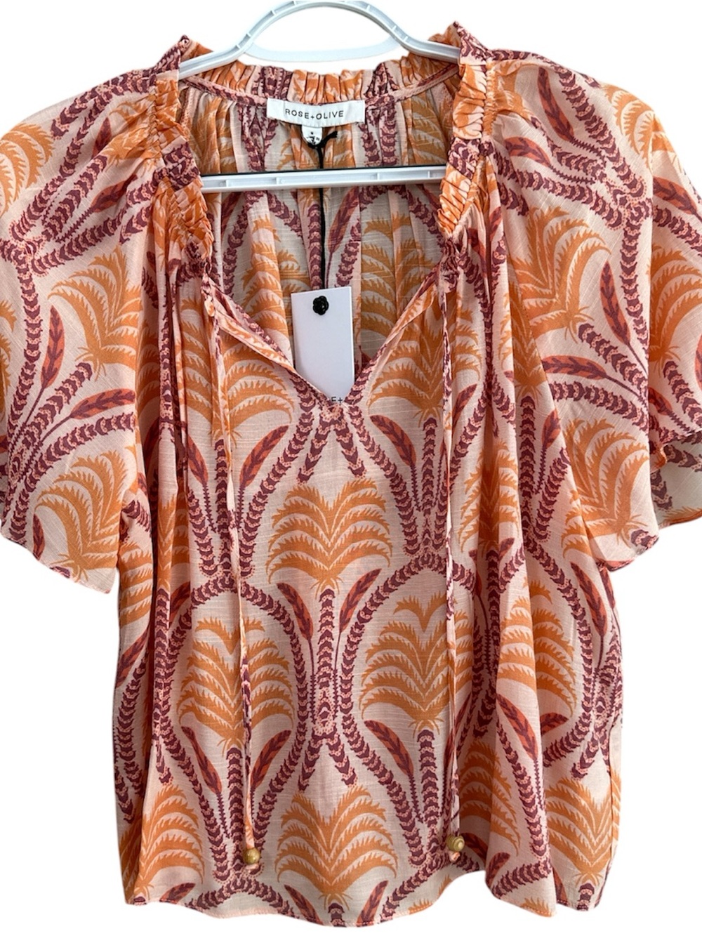 Rose & Olive Coral & Rust Patterned Short Sleeve Blouse Size S